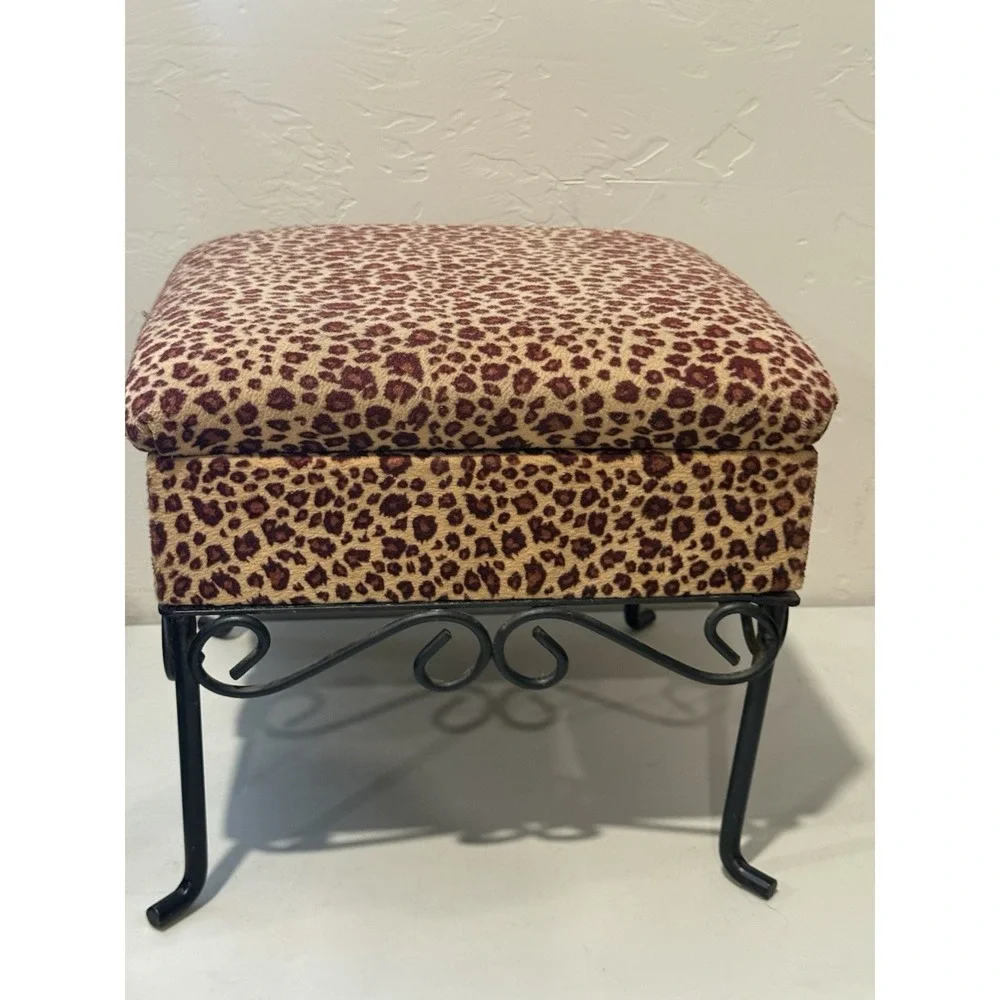 Vintage Leopard Velvet Foot Stool Ottoman with Wrough Iron Legs 11